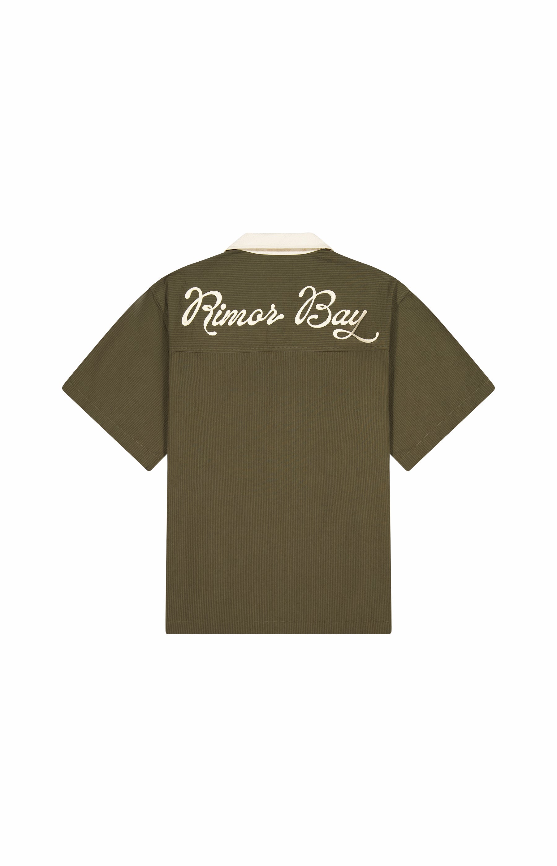 clearcut back of khaki and beige camp collar shirt with cursive logo