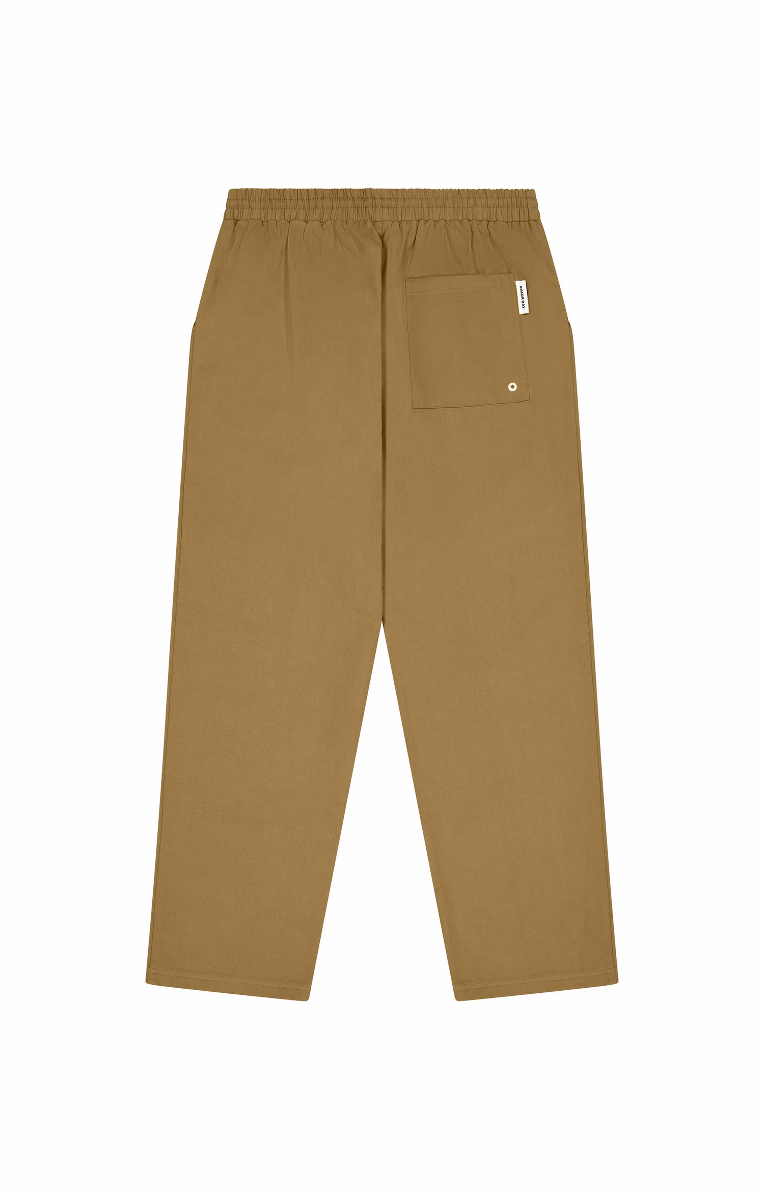 back of beige pants with one pocket and elastic waistband