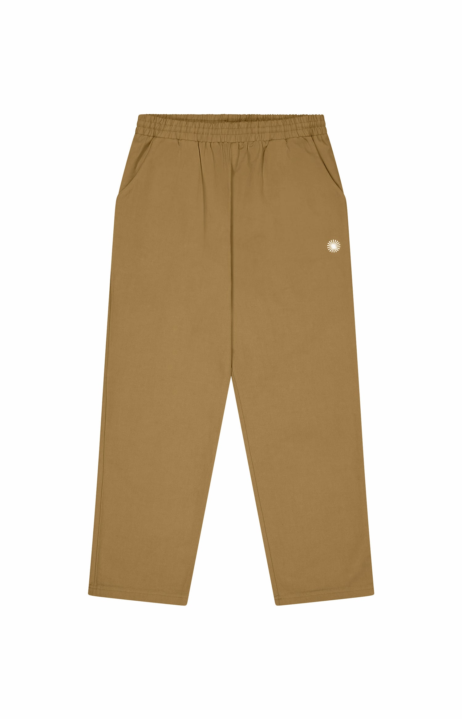Front of beige pants with small sun logo, two pockets and elastic waistband