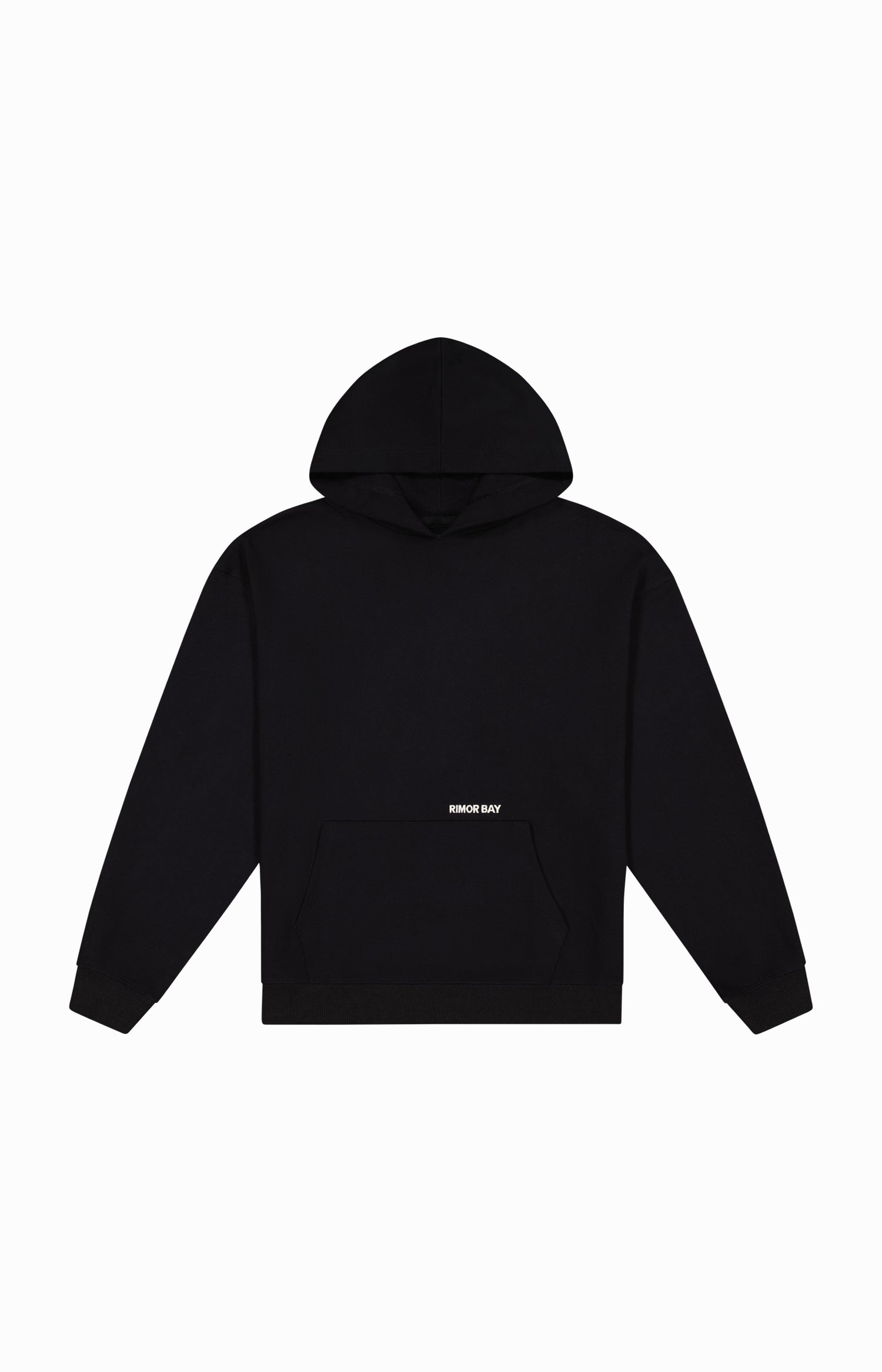 black hoodie with logo on front and kangaroo pocket 