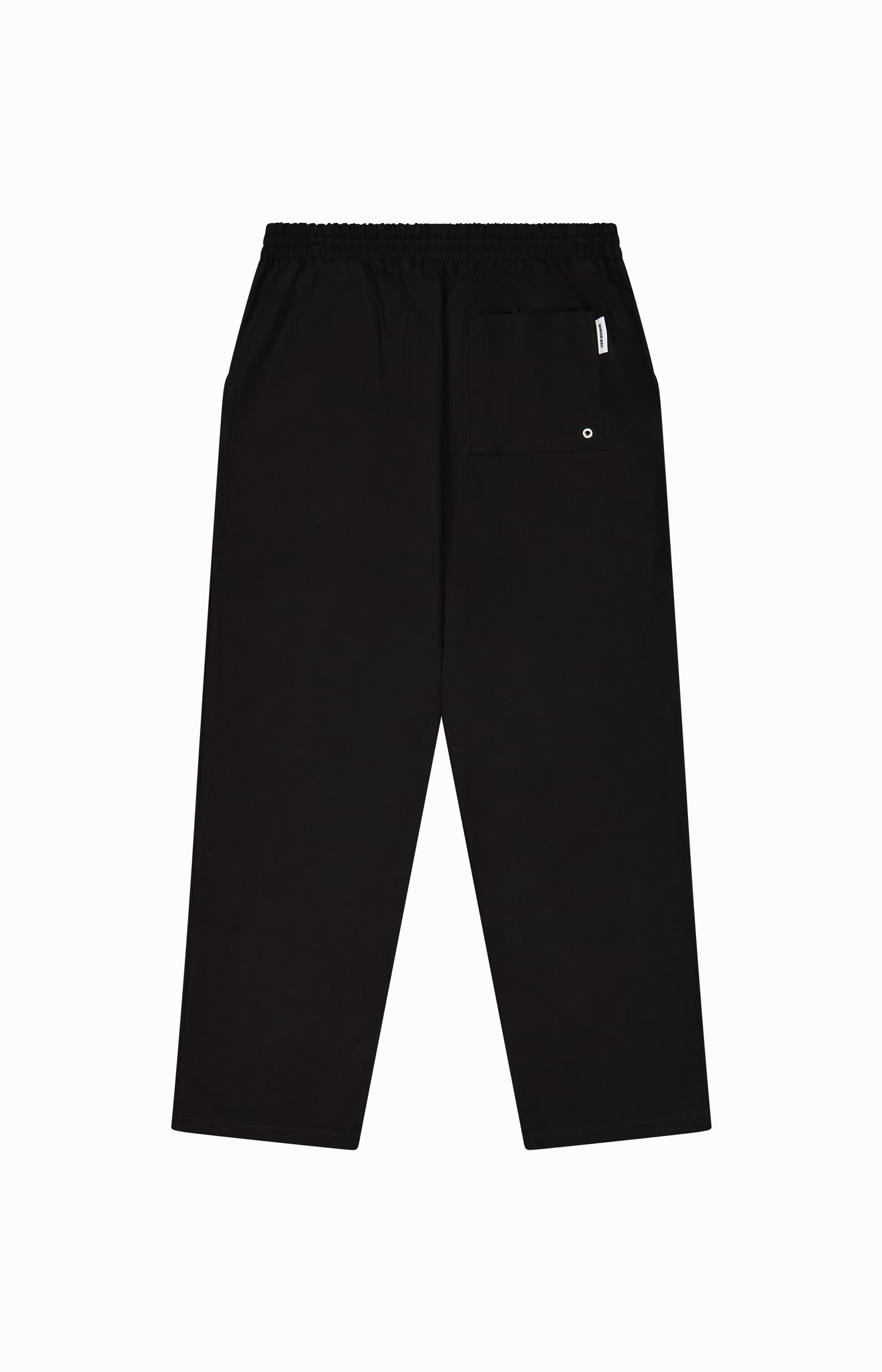 back of black pants with one pocket, and elastic waistband