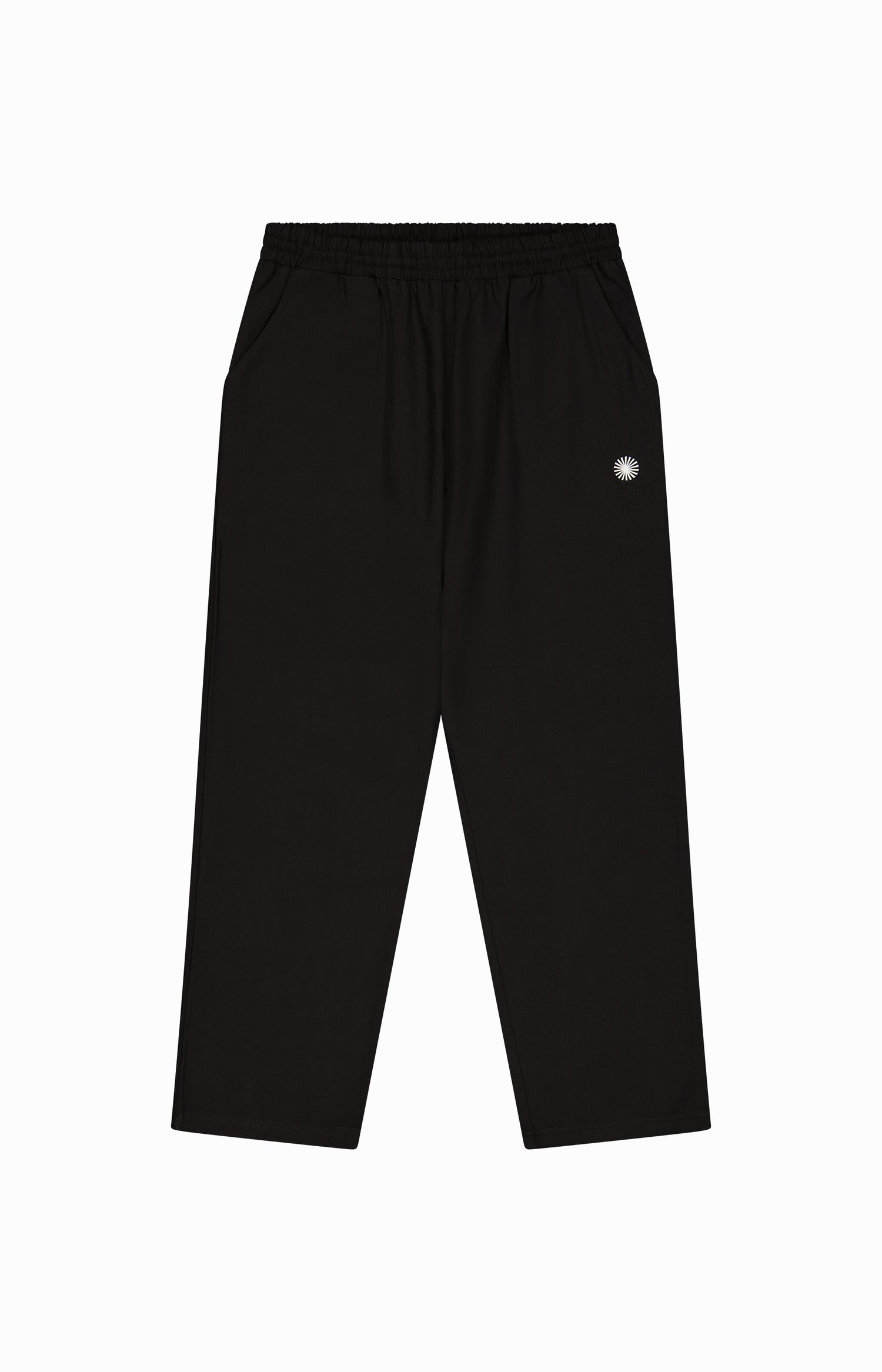 front of black pants with small sun logo, two pockets and elastic waistband