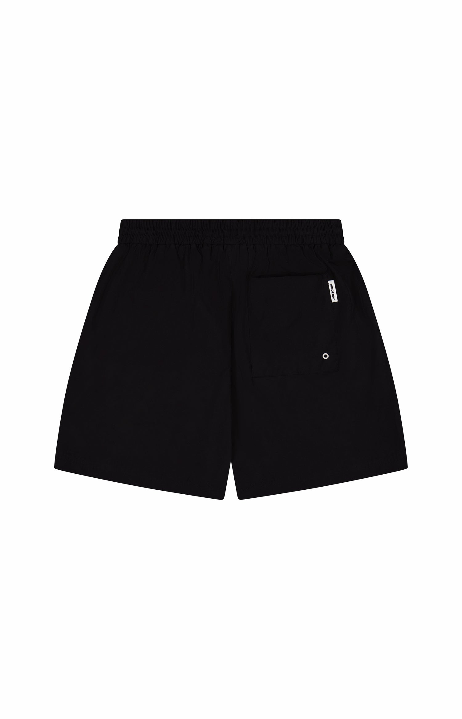 back of black nylon shorts with one pocket and elastic waist band