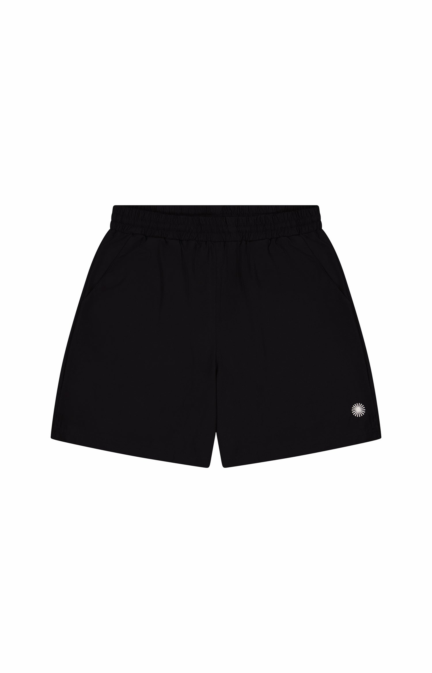 black nylon shorts with small beige sun logo, two pockets, and elastic waistband