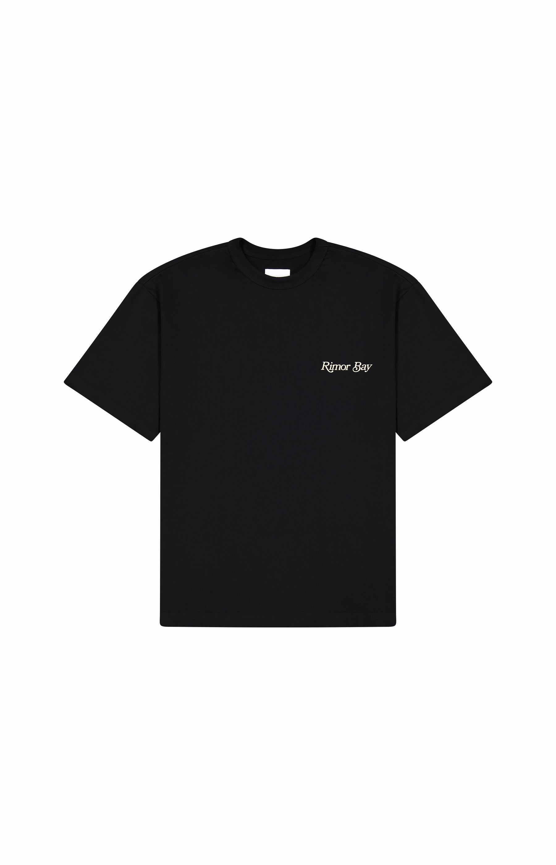 front of black short sleeve tshirt with logo on chest