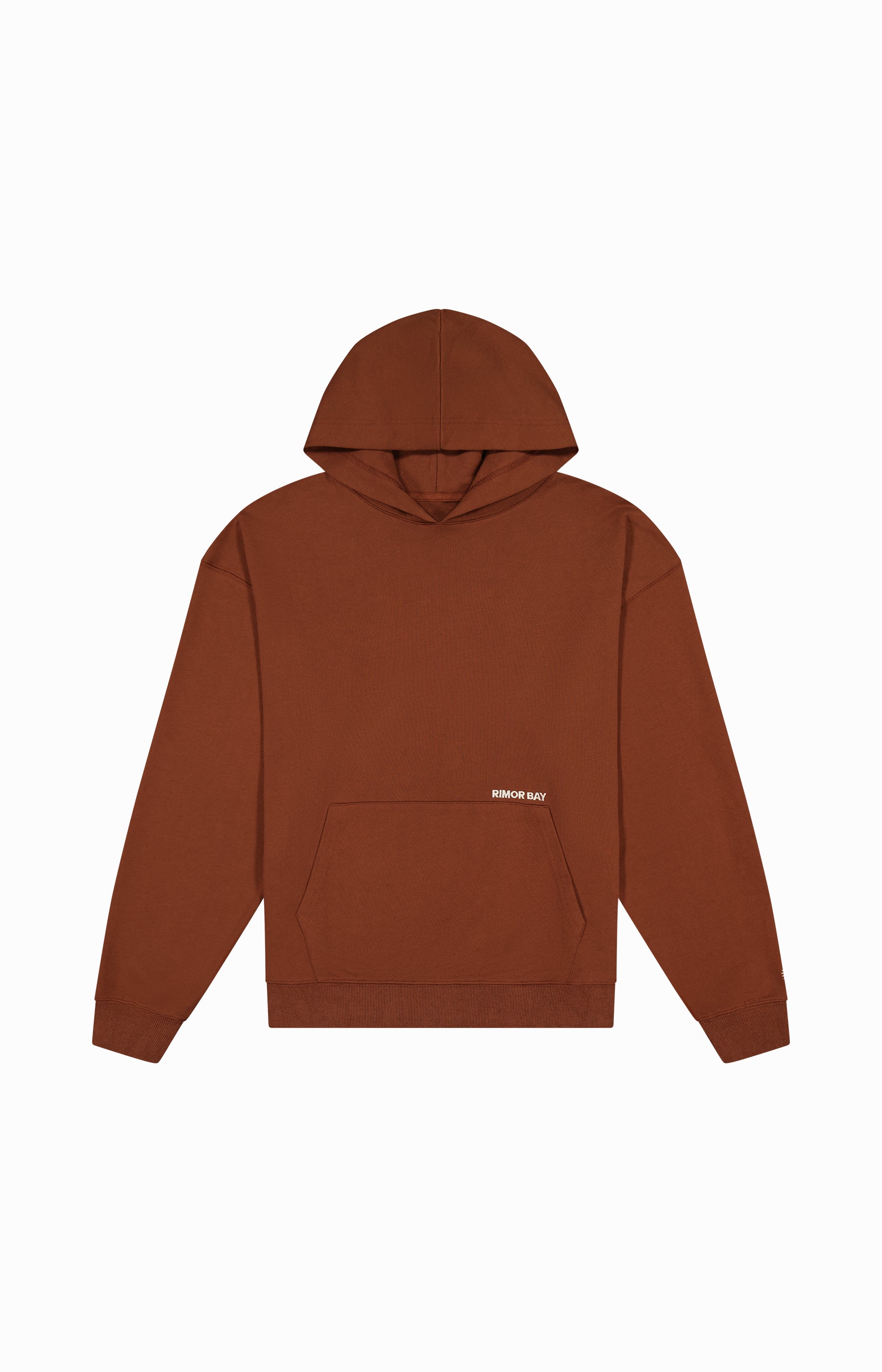 front of brown hoodie with logo and kangaroo pocket