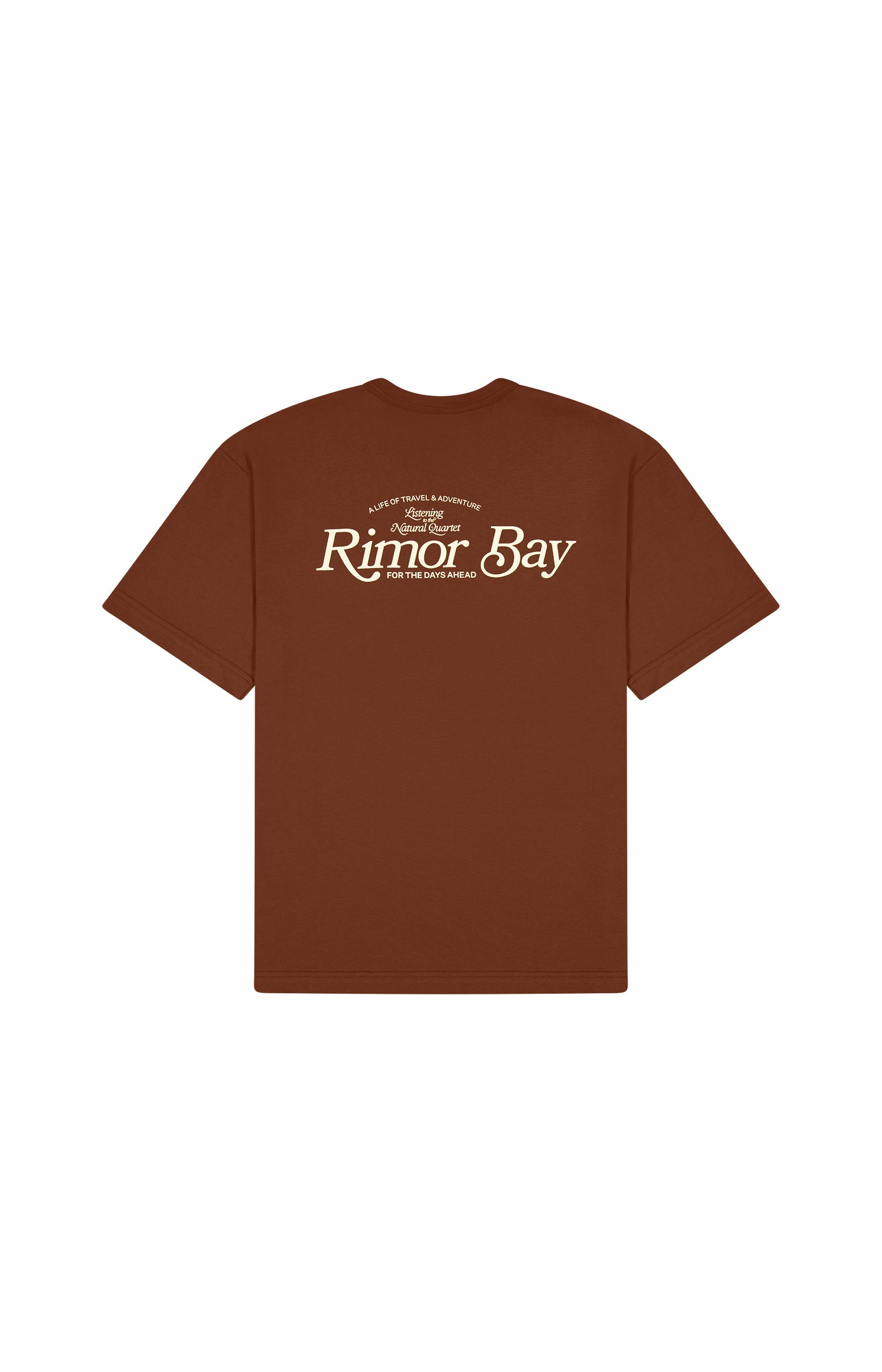 back of brown shortsleeve tshirt with large printed text logo