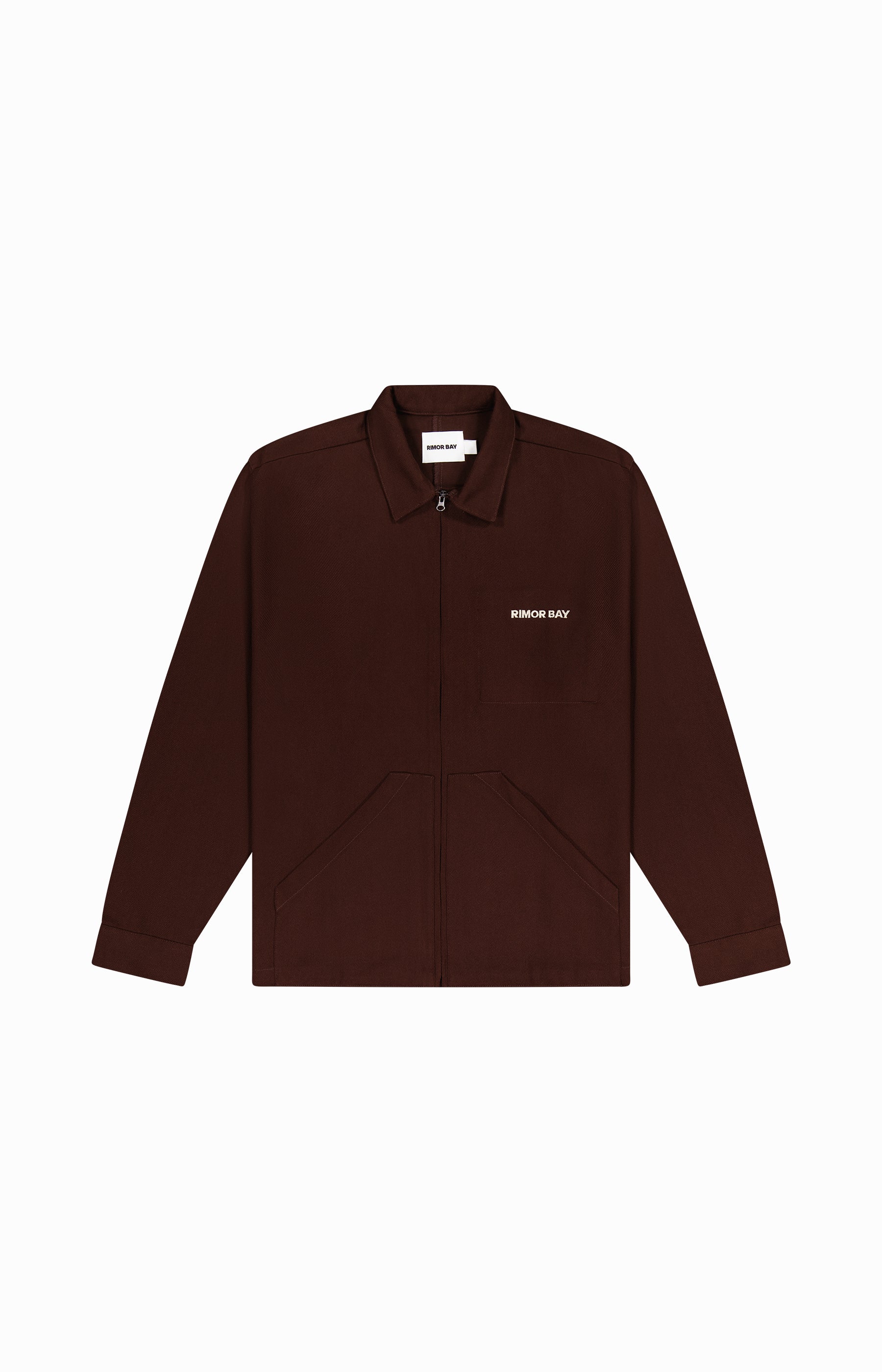 brown long sleeve zip up jacket with logo on chest and pockets
