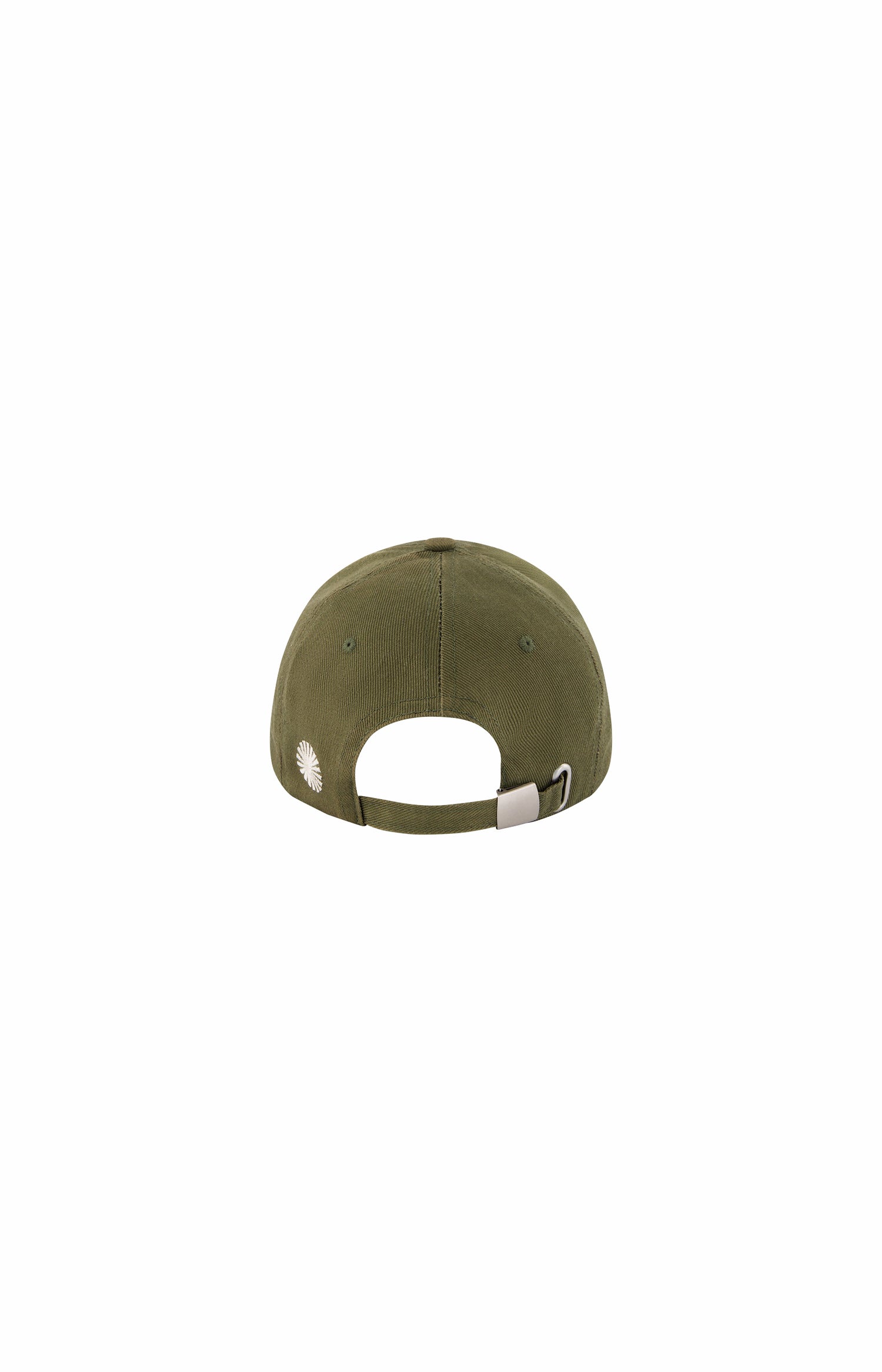 back view of khaki hat with metal buckle and logo