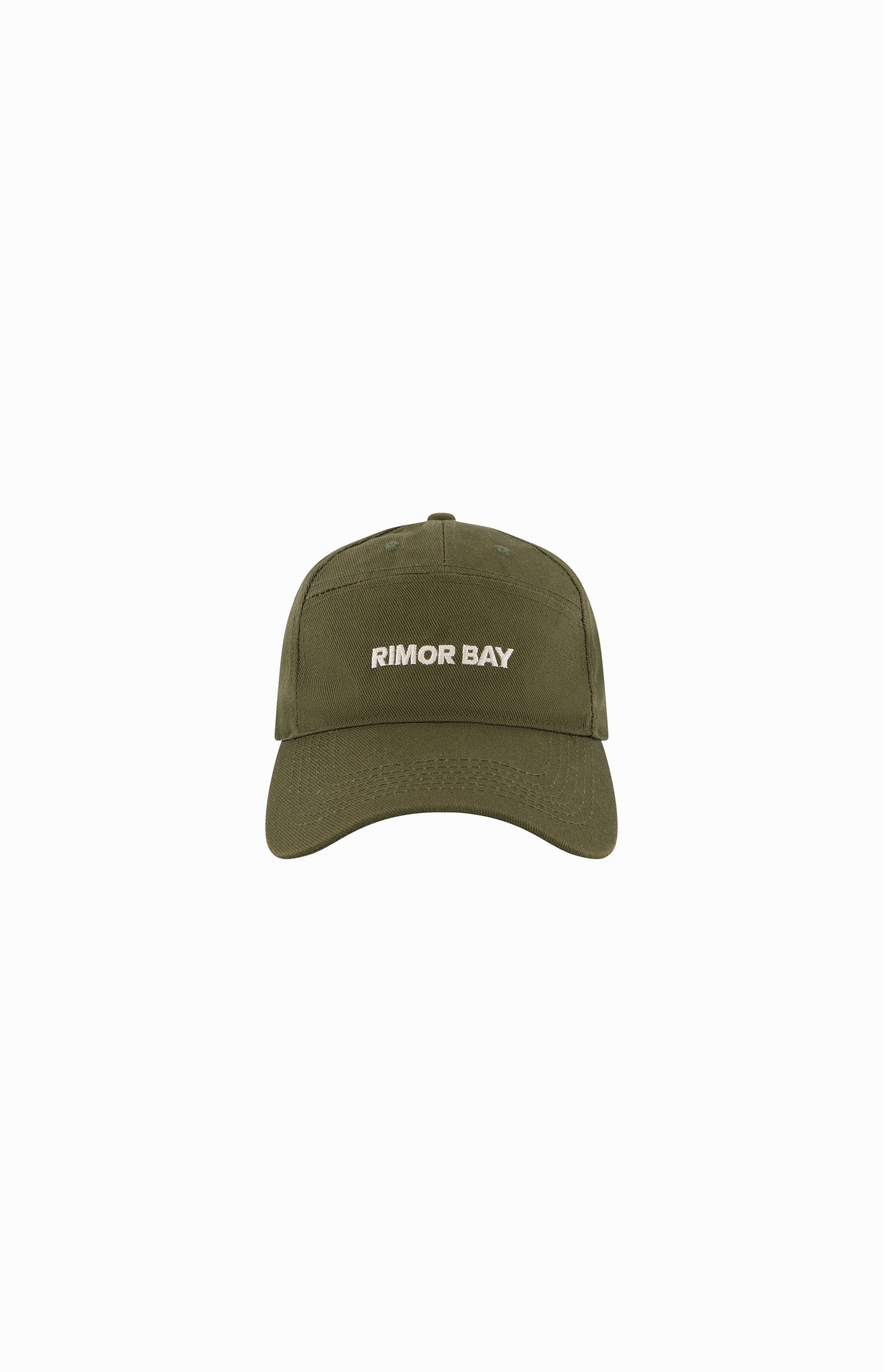 clear cut of Khaki 7 panel cap with logo on front 