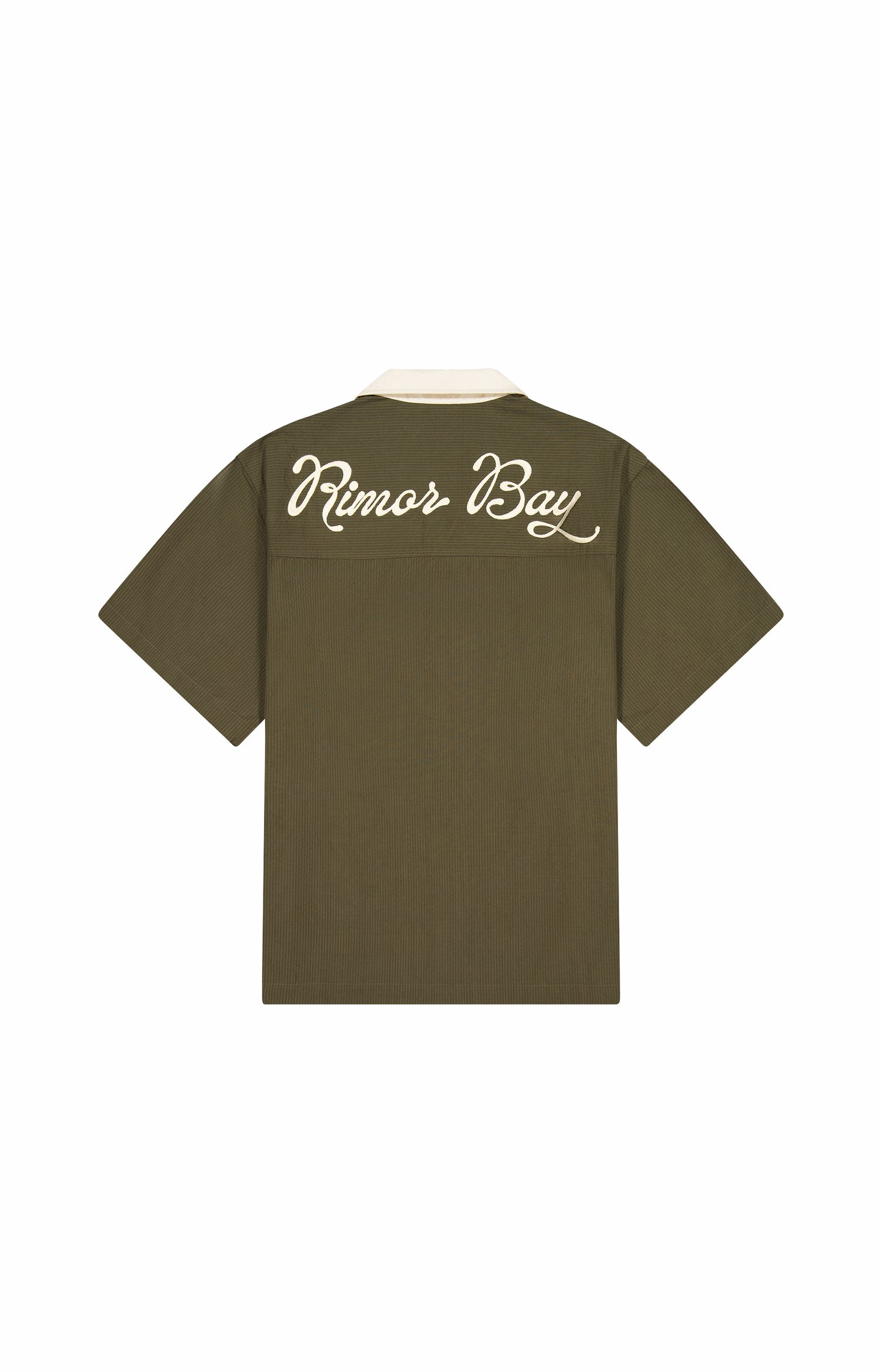 clearcut back of khaki and beige camp collar shirt with cursive logo 