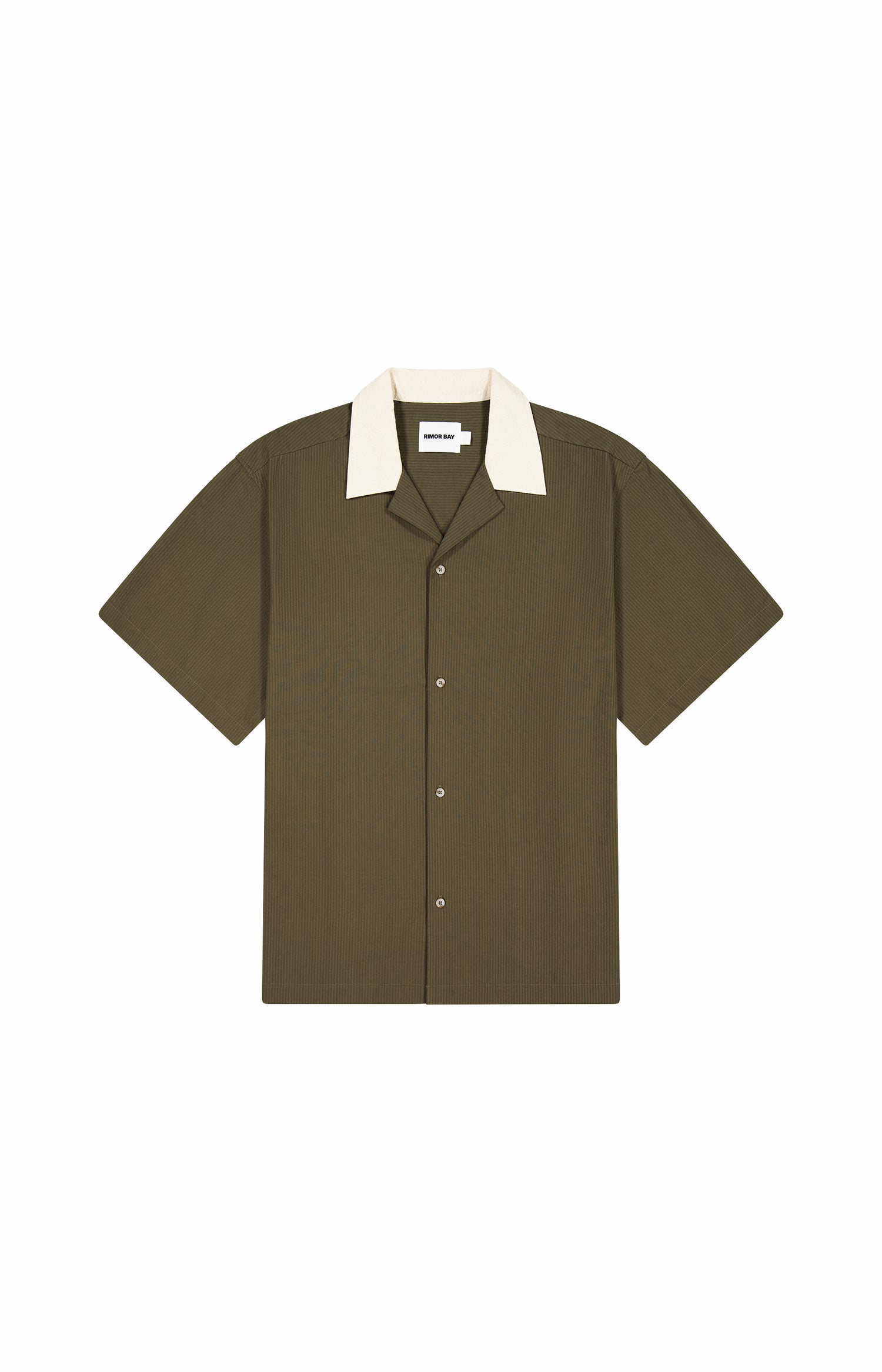 front of khaki and beige camp collar shirt