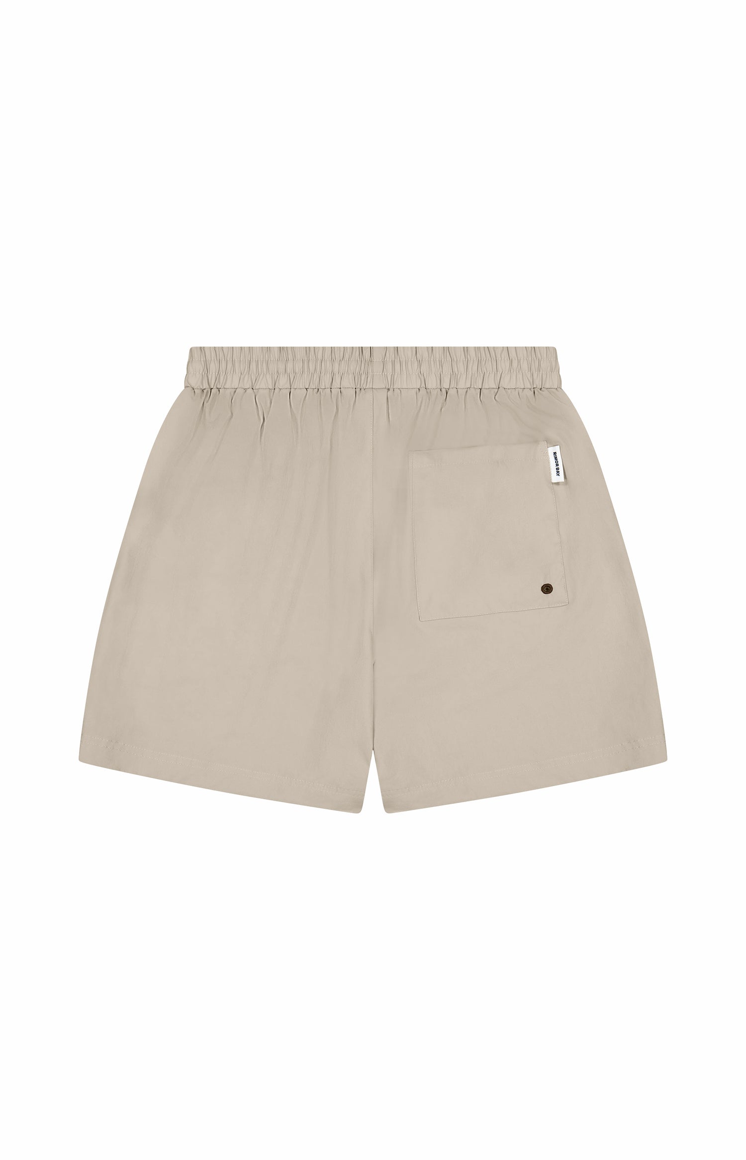 back of grey shorts with one pocket, and elastic waist band