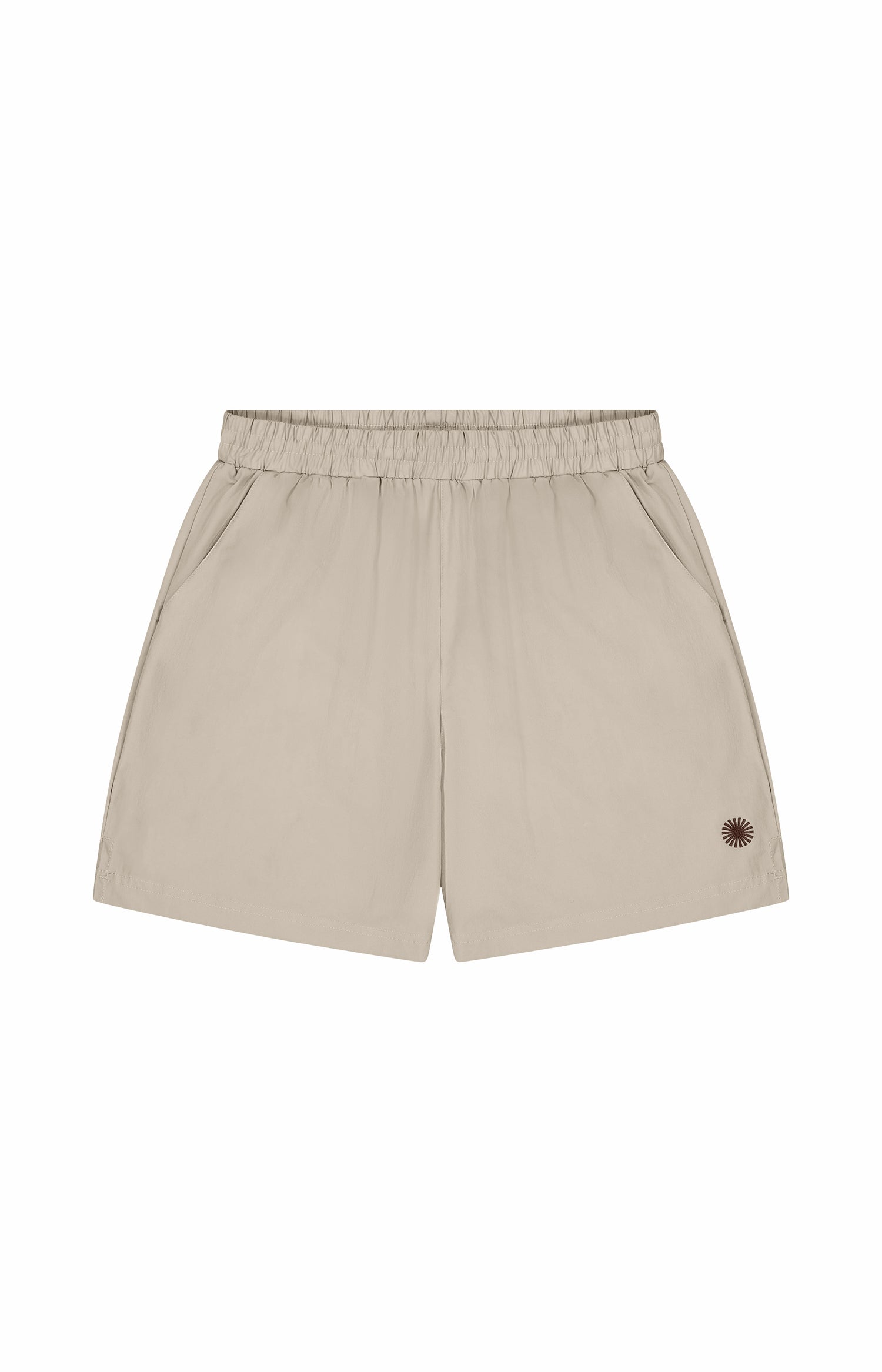 grey nylon shorts with small sun logo, two pockets, and elastic waistband