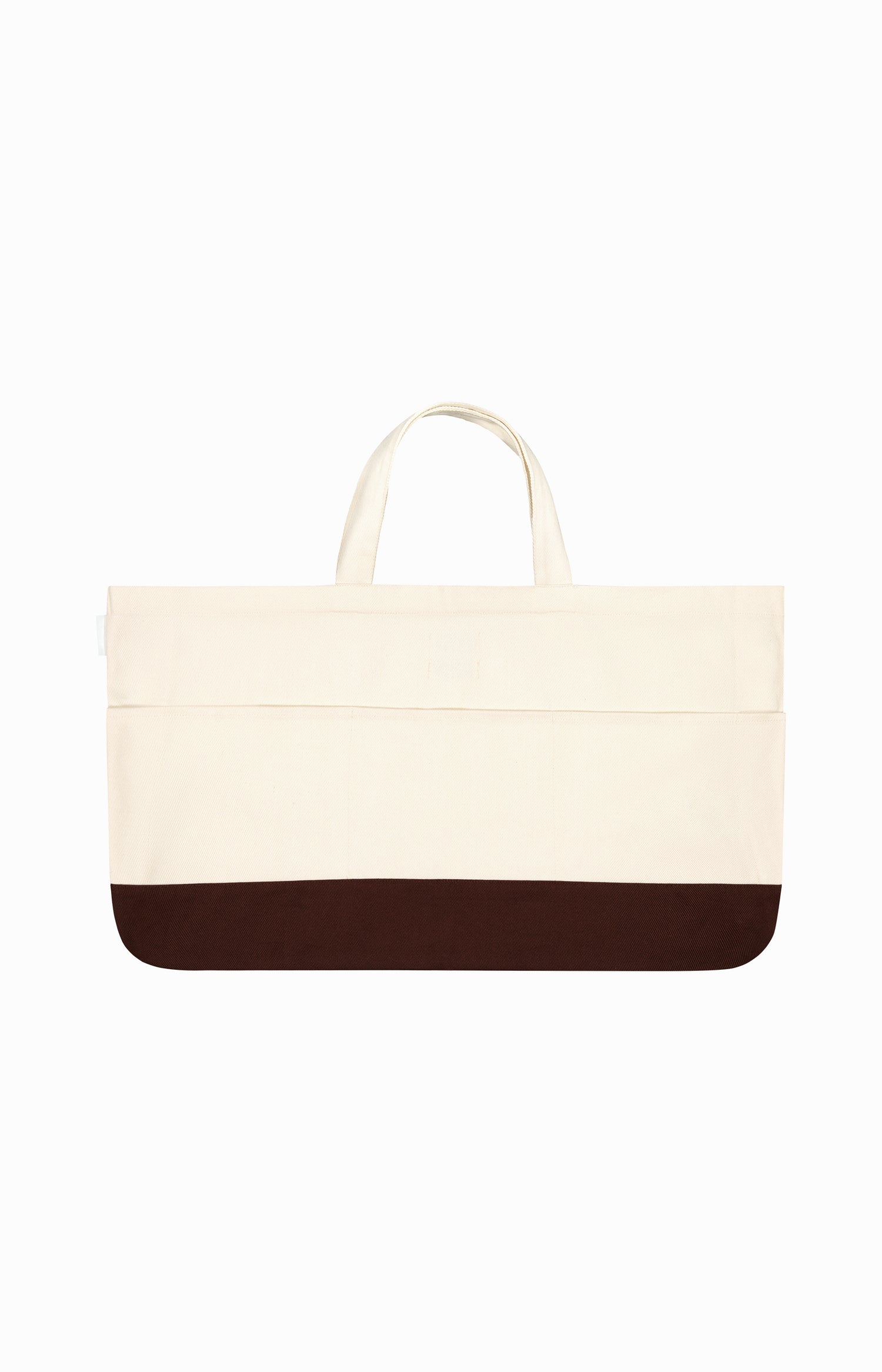 clear cut of beige and brown beach bag with a handle and pockets
