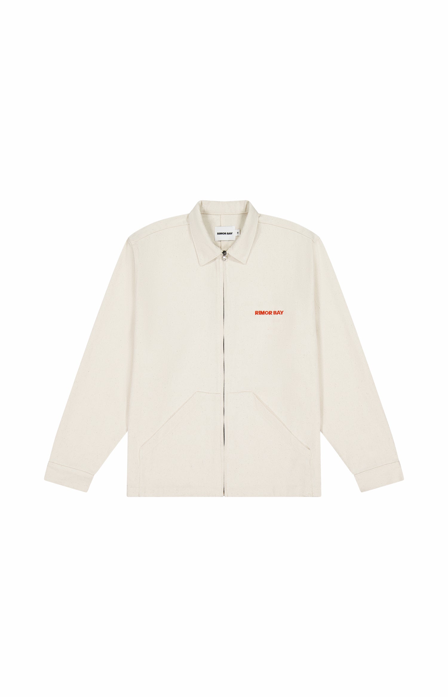 front of long sleeve off-white zip up jacket with logo on chest and front pockets